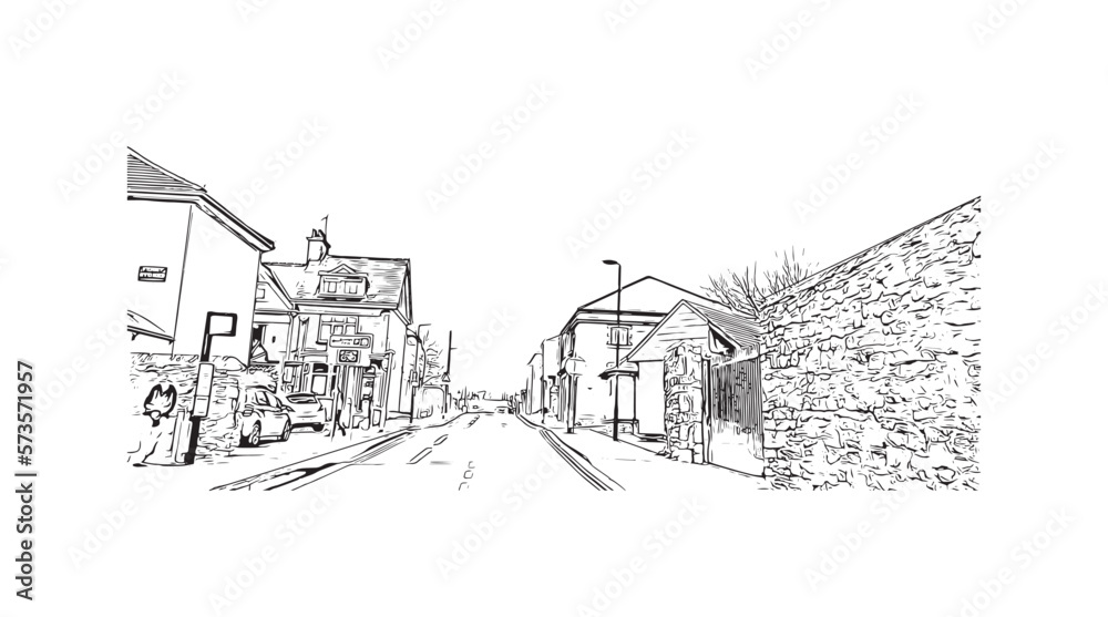 Building view with landmark of Plymouth is the 
city in England. Hand drawn sketch illustration in vector.