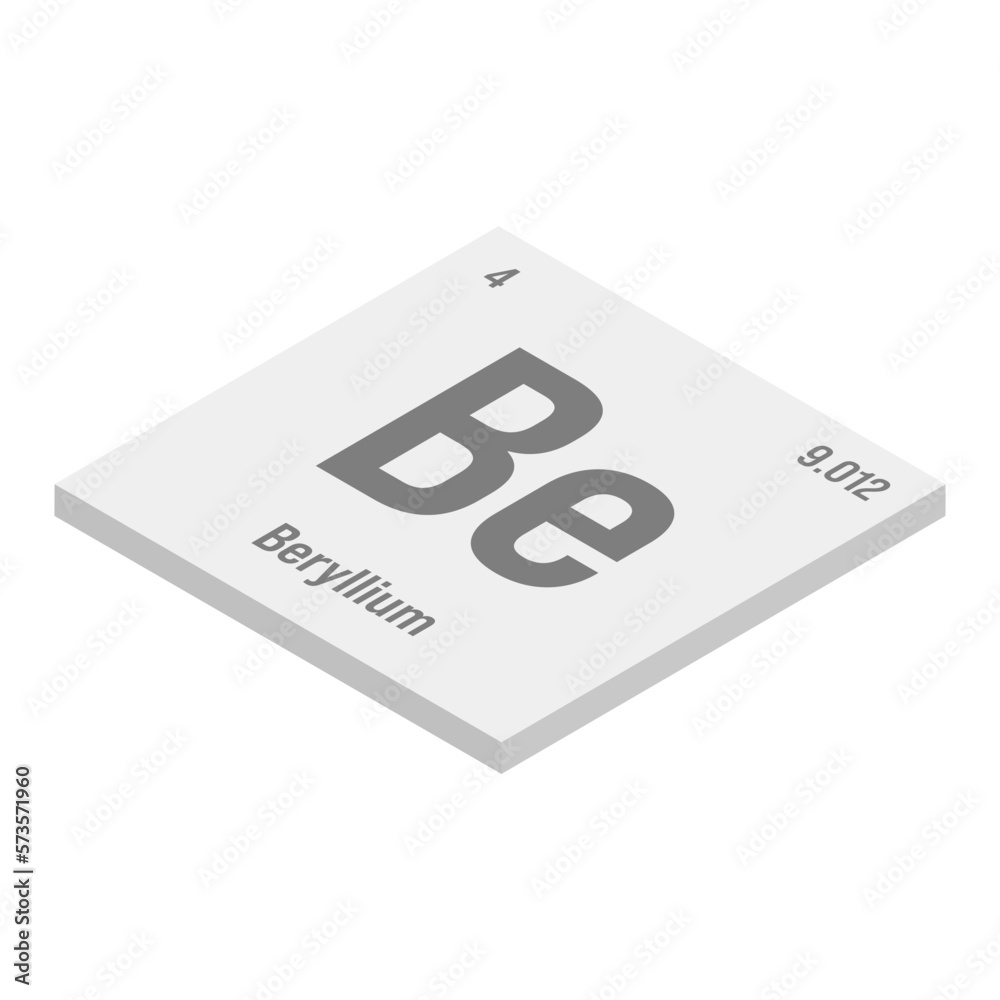Beryllium, Be, gray 3D isometric illustration of periodic table element with name, symbol, atomic number and weight. Lightweight metal with high strength and heat resistance, commonly used in Beryllium, Be, gray 3D isometric illustration of periodic table element with name, symbol, atomic number and weight. Lightweight metal with high strength and heat resistance, commonly used in