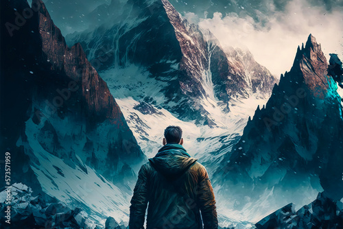 A person gazes at the majesty of the mountains in a realistic cool-toned style. With our sustainable energy options, take in this beautiful landscape. Generative AI