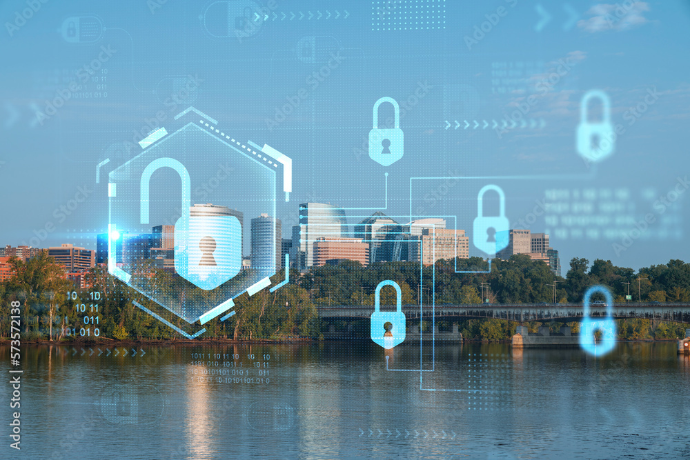 Panoramic view, Washington towards Arlington financial downtown, city skyline over Potomac River. Virginia, USA. The concept of cyber security to protect confidential information, padlock hologram