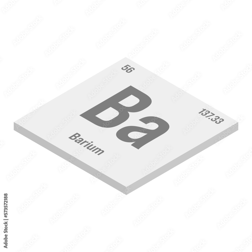 Barium, Ba, gray 3D isometric illustration of periodic table element with name, symbol, atomic number and weight. Alkaline earth metal with limited industrial uses, but commonly used in medical