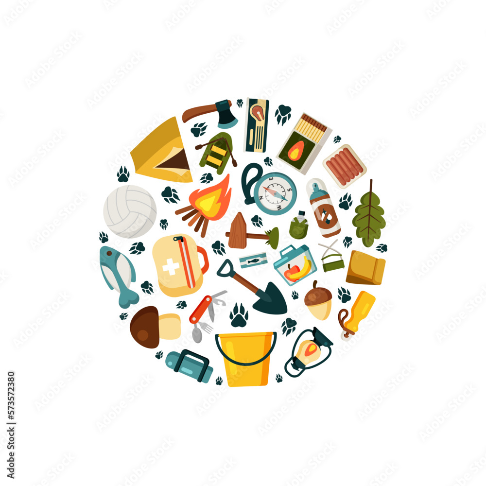 camping items. colored design template with camping exploring set tent