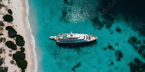 yacht de luxe qui accoste sur une plage paradisiaque avec eaux turquoises et palmiers - vue aérienne - illustration ia © Fox_Dsign