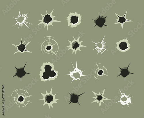 bullet holes. gunshot dots from shooting weapons shot destruction targets. Vector templates set