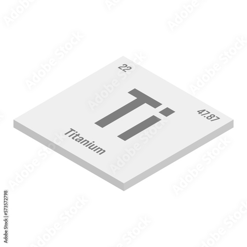 Titanium, Ti, gray 3D isometric illustration of periodic table element with name, symbol, atomic number and weight. Transition metal with various industrial uses, such as in aerospace, medical