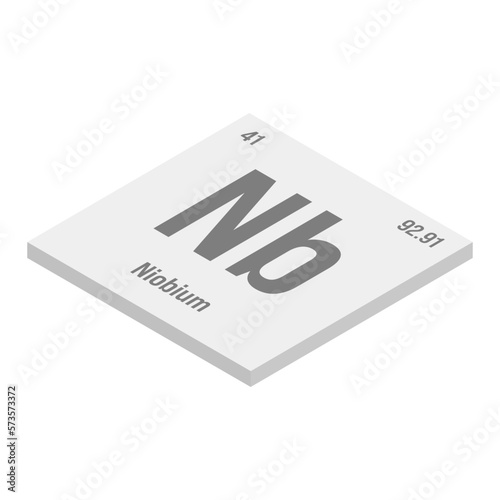 Niobium, Nb, gray 3D isometric illustration of periodic table element with name, symbol, atomic number and weight. Transition metal with various industrial uses, such as in steel production