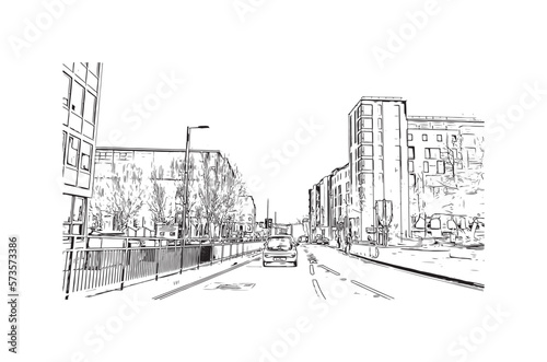 Building view with landmark of Plymouth is the  city in England. Hand drawn sketch illustration in vector.