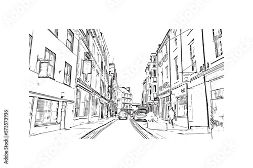 Building view with landmark of Plymouth is the  city in England. Hand drawn sketch illustration in vector.