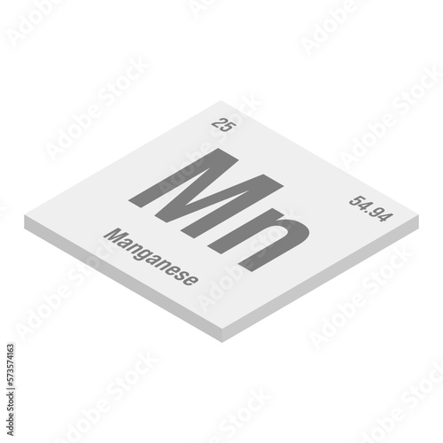 Manganese, Mn, gray 3D isometric illustration of periodic table element with name, symbol, atomic number and weight. Transition metal with various industrial uses, such as in steel production