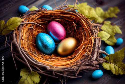 Colorful Easter Nest With Easter Eggs. Generative AI
