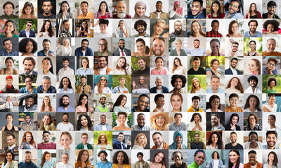 Mosaic of cheerful multiracial people different ages, collage