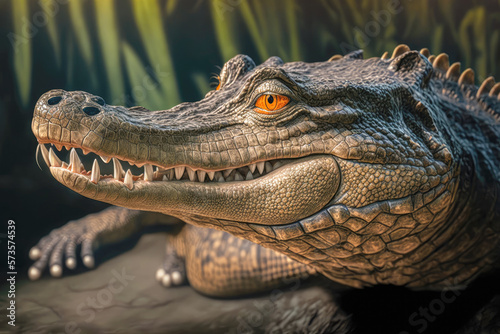 A close up of a majestic alligator  Alligatoridae family  with its powerful jaws and rough skin  basking in the sun - Generative AI