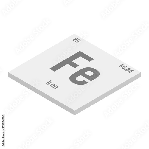 Iron, Fe, gray 3D isometric illustration of periodic table element with name, symbol, atomic number and weight. Transition metal with various industrial uses, such as in construction, transportation