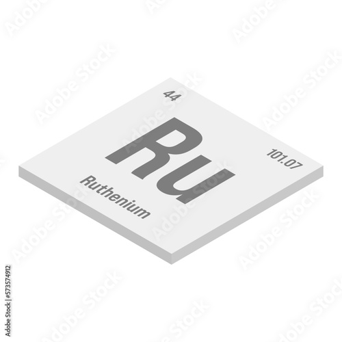Ruthenium, Ru, gray 3D isometric illustration of periodic table element with name, symbol, atomic number and weight. Transition metal with various industrial uses, such as in electrical contacts