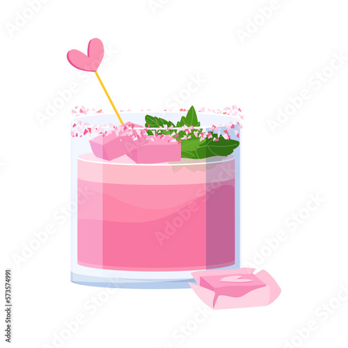 Cute romantic Valentines day pink shot whiskey cocktail. Holiday alcohol drink vector illustration isolated on white background. Everything you need for party
