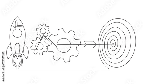 Continuous one line drawing of  dart board, increasing up arrows bar graph and Rocket launch, ship. Startup idea and winning education or business success
