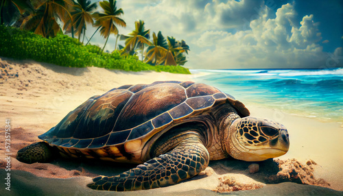 A giant sea turtle resting on a tropical beach generative AI