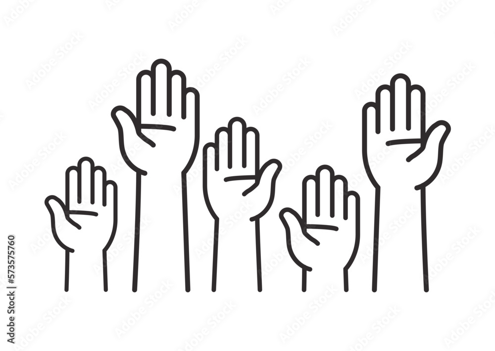 Volunteers and charity work. Raised helping hands. Vector icon background banner illustrations with a crowd of people ready and available to help and contribute. Positive foundation, business