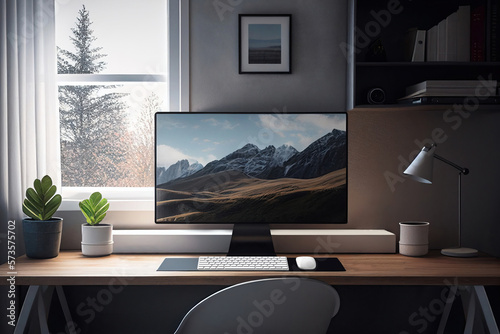 Desktop computer on a desk next to a window. Generative AI photo