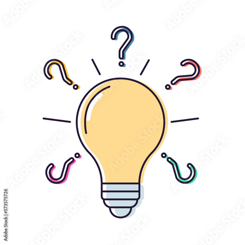 Lightbulb with question marks. Vector thin line icon graphic drawing illustration. Concepts of problem solving, searching for solutions, brainstorming, questions and answers, creativity