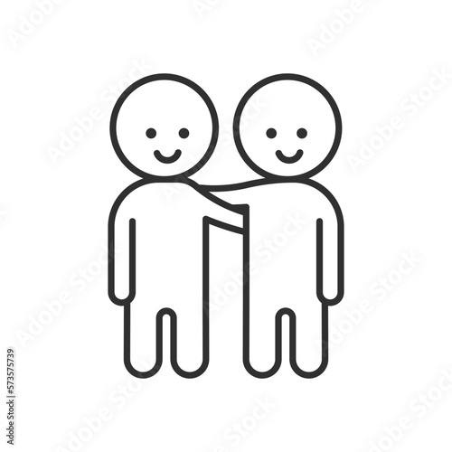 Two smiling friend characters with arms around eachother shoulders. Friendship vector thin line icon illustration