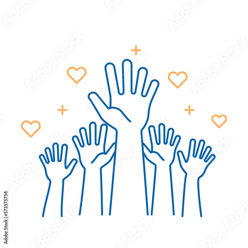Volunteers and charity work. Raised helping hands. Vector icon background banner illustrations with a crowd of people ready and available to help and contribute. Positive foundation, service