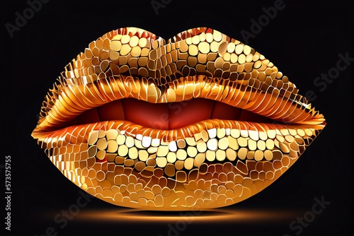Golden Lips. Lipstick. Shiny Letters. Stock Illustration Cosmetic Advertising. Generative AI