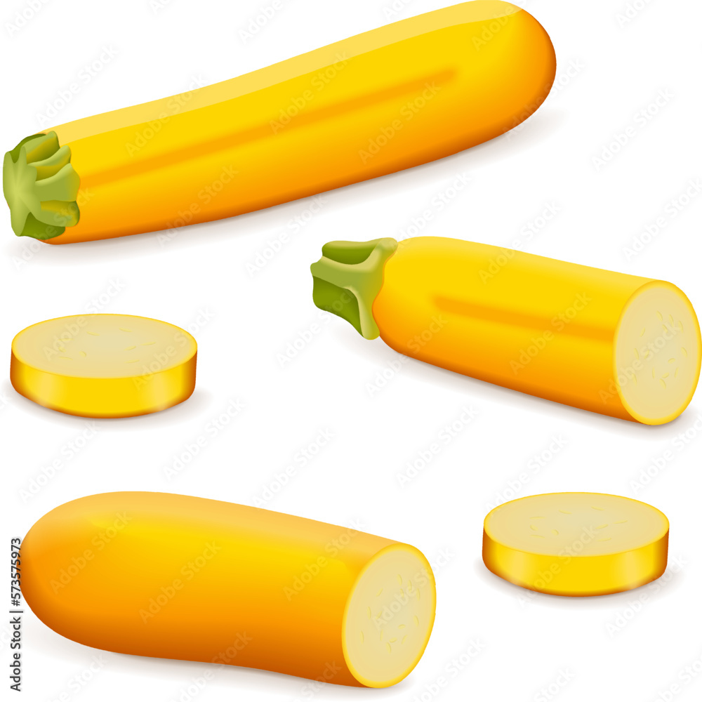Whole, quarter, slices of Yellow zucchini or golden zucchini. Courgette
