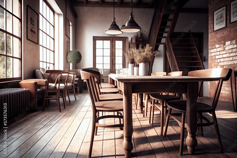 Interior Of Empty Loft Cafe With Large Wooden Dining Table And Chairs. Generative AI