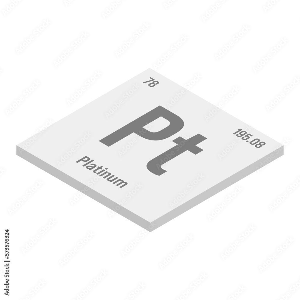 Platinum, Pt, gray 3D isometric illustration of periodic table element with name, symbol, atomic number and weight. Transition metal with various industrial uses, such as in jewelry, catalytic Platinum, Pt, gray 3D isometric illustration of periodic table element with name, symbol, atomic number and weight. Transition metal with various industrial uses, such as in jewelry, catalytic