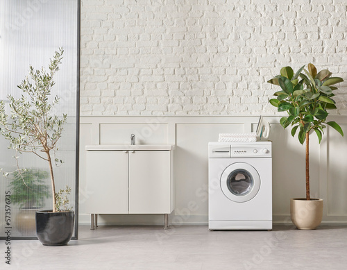 Washing machine in the bathroom, white brick wall background, vase of plant, cabinet and marble floor, folding screen.