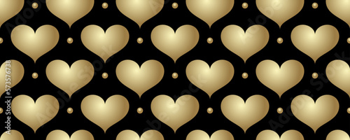 Gold hearts and black background. Seamless vector romantic pattern for wrapping paper, cover design, postcard, poster, flyers, card. Endless luxury ornament. Template for design. Valentines.