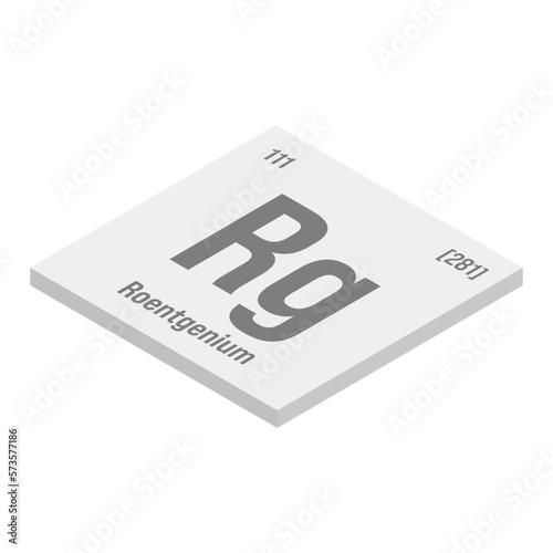 Roentgenium, Rg, gray 3D isometric illustration of periodic table element with name, symbol, atomic number and weight. Synthetic element with no known commercial or industrial uses, but has been used