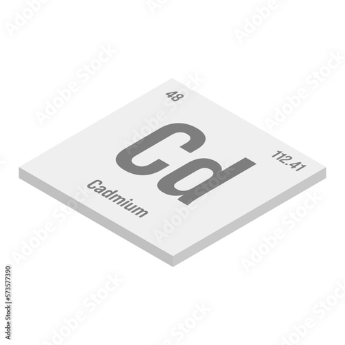 Cadmium, Cd, gray 3D isometric illustration of periodic table element with name, symbol, atomic number and weight. Heavy metal with limited industrial uses due to its toxicity, but commonly used in