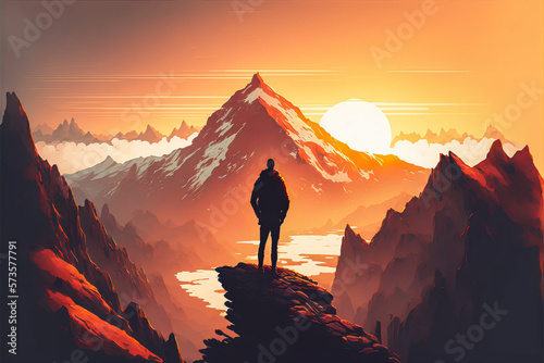 A subject standing atop a mountain experiencing the beautiful sunrise. A warm, realistic illustration filled with accomplishment and independence. Generative AI