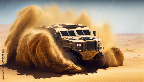 Army SUV offroading in sund desert