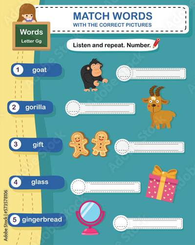 Match words with the correct pictures letter G illustration, vector