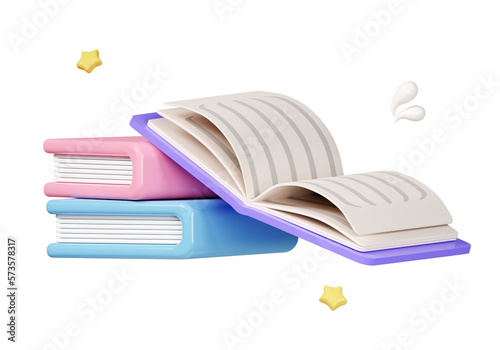 Open book on books stack isolated on pastel background. icon symbol clipping path. education. PNG 3d render illustration