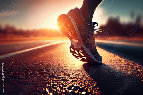 Close Up On Shoe. Runner Athlete Feet Running On Road Under Sunlight In The Morning. Generative AI