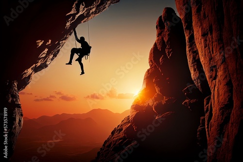 Man Climbs Up Mountain. Climber On Rock Wall At Sunset. Generative AI