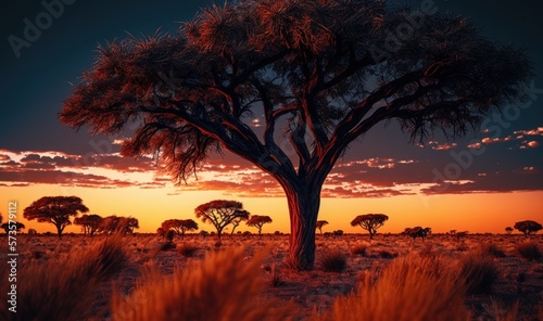 Sunset in the African savannah. Generative ai photo