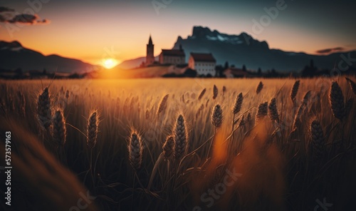 Sunset in a wheat field. Generative ai