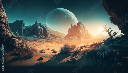 Majestic landscape of an alien planet. Use as a Game background. Generative Ai.