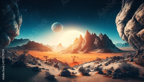 Majestic landscape of an alien planet. Use as  a Game  background. Generative Ai.