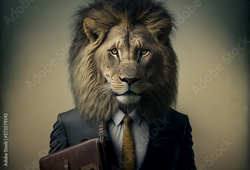 A portrait of a lion-headed person wearing a business suit and carrying a briefcase. Surrealist aesthetics, subtle colors for a unique visual rendering. Generative AI
