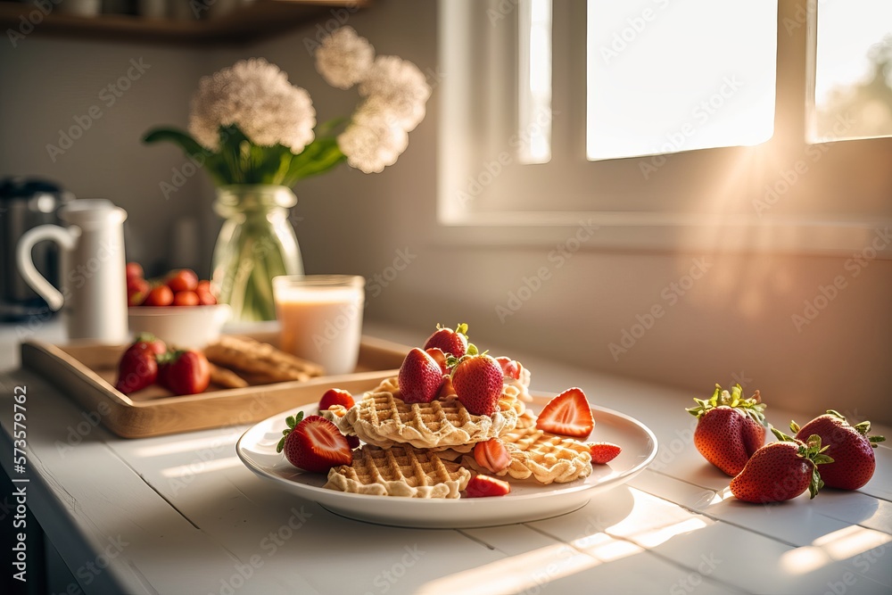 waffles and strawberries on a white plate
