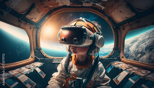 Metaverse concept. A girl in virtual reality headset. Beautiful, cute little girl virtual reality VR headset playing colorful AR augmented reality game and entertainment. Generative Ai.
