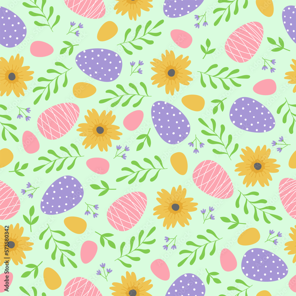 Seamless pattern with branches, flowers and easter eggs on blue background. Template for greeting card, invitation, poster, print