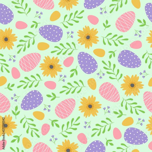 Seamless pattern with branches  flowers and easter eggs on blue background. Template for greeting card  invitation  poster  print