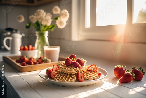 waffles and strawberries on a white plate